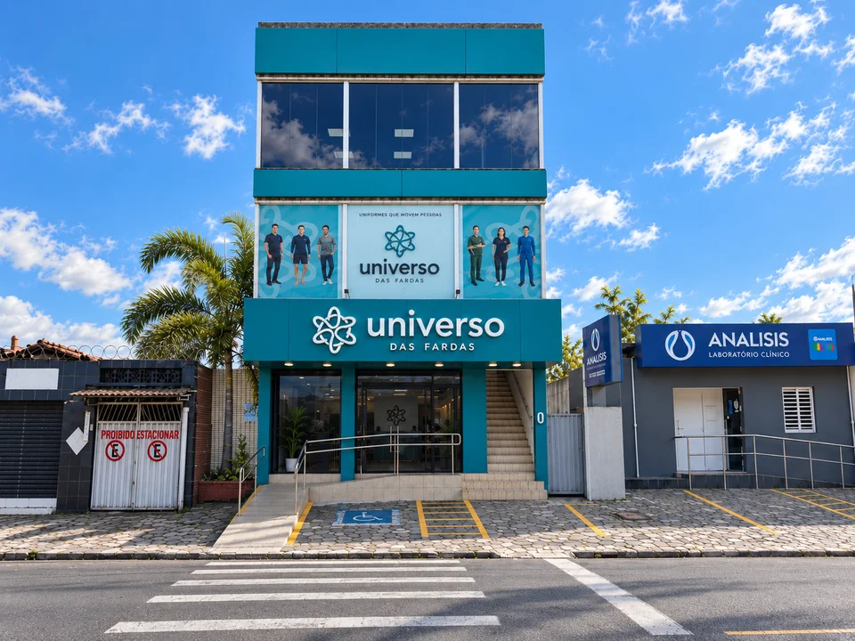 Fachada do prédio da Universo das Fardas em João Pessoa, com a fábrica nos andares superiores