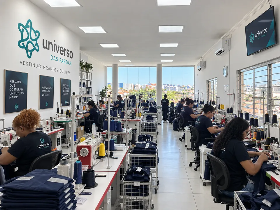 Salão de costura da Universo das Fardas com costureiras trabalhando em máquinas industriais