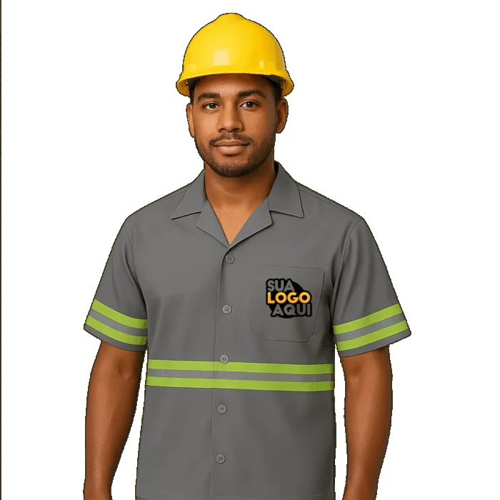 Modelo ilustrativo de camisa em brim cinza com faixa refletiva e área para a logo da empresa no bolso